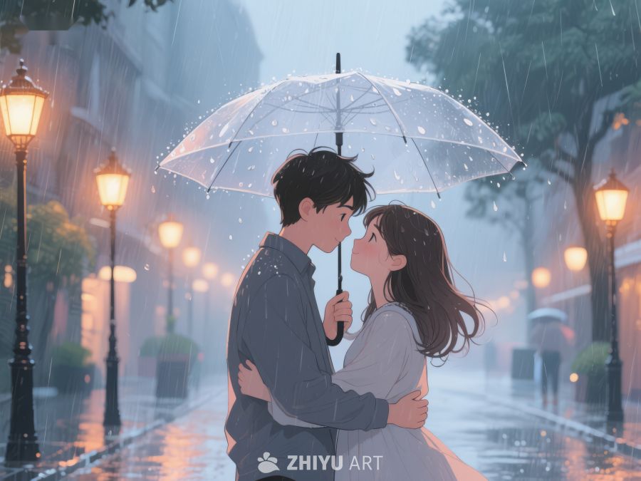 雨中情侣共撑伞温馨相拥 1160