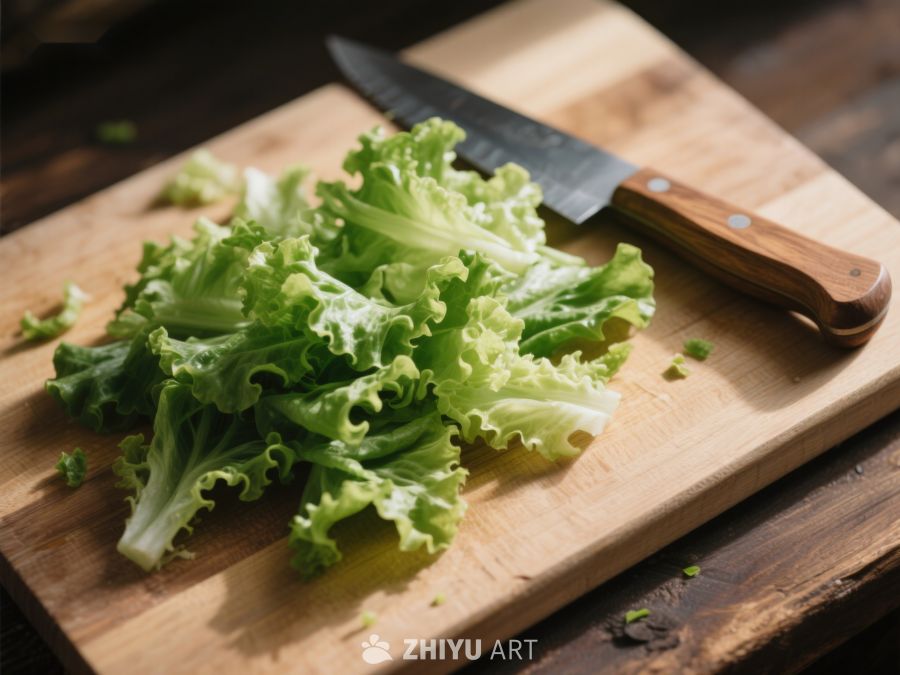 新鲜生菜与刀具置于砧板上 518
