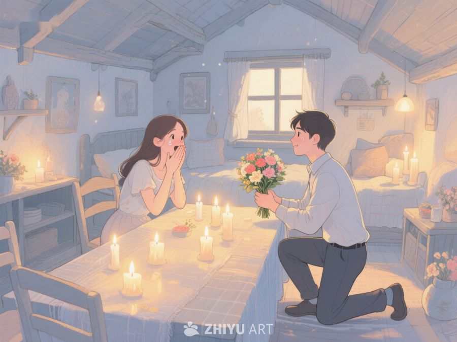 温馨求婚场景，烛光与鲜花见证浪漫时刻 771