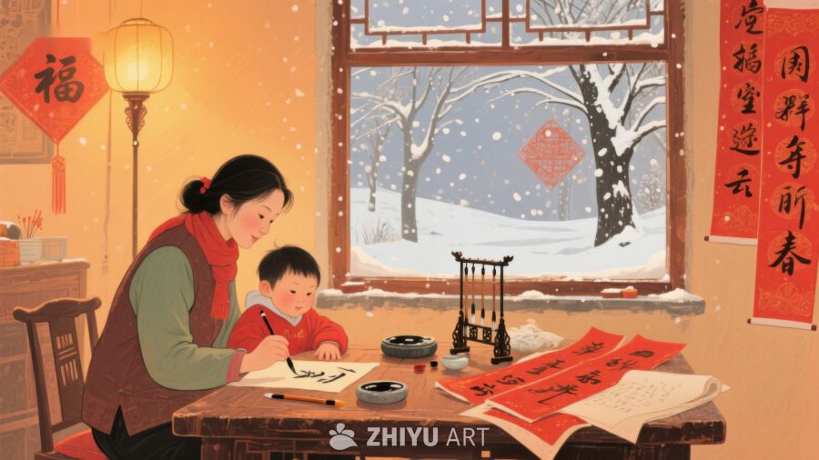温馨冬日，母子共写春联 896