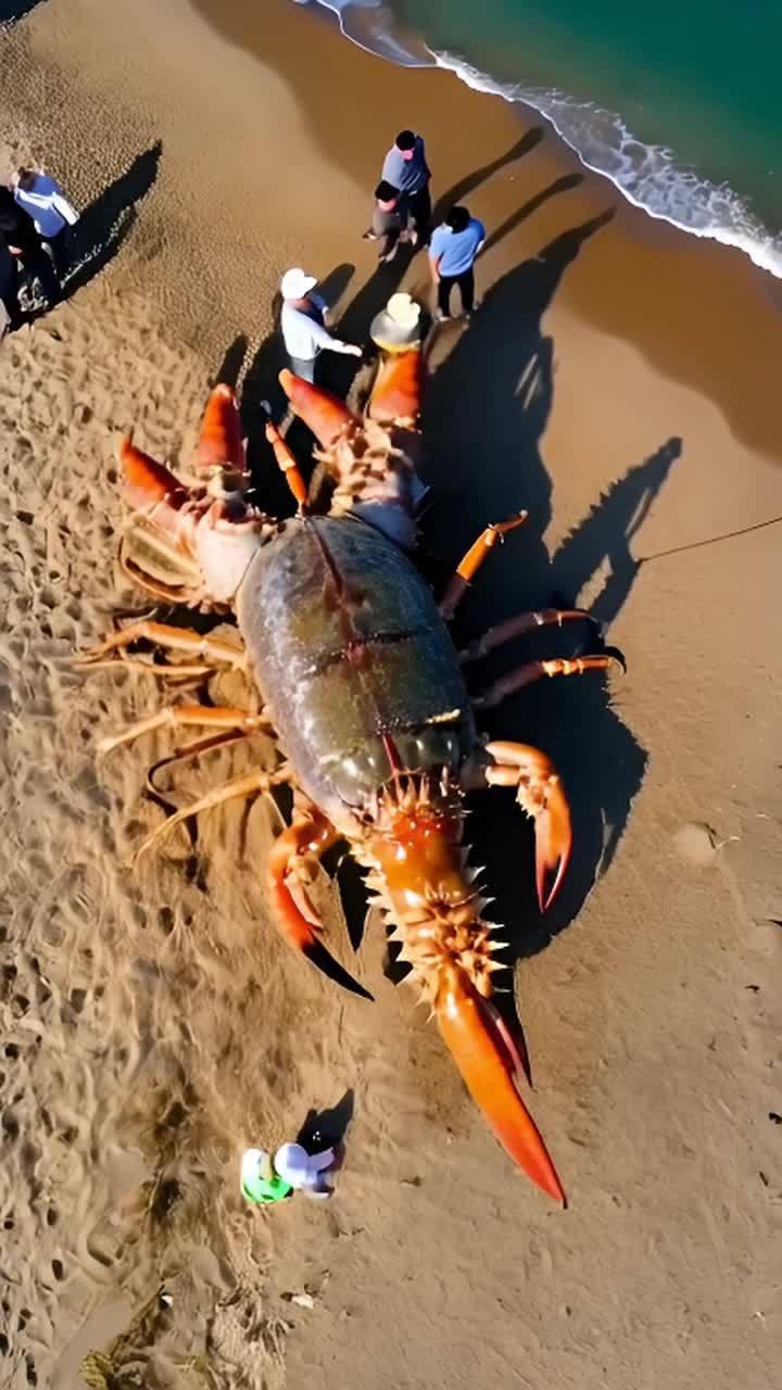 沙滩上有一只巨大的龙虾。它的体型巨大无比，几乎有鲸鱼那么大，而且比人还要高出很多。渔民们将它拖到了海滩上。人们纷纷聚集过来观看这只令人惊叹的生物。龙虾的身体非常逼真，细节清晰可见，身体轮廓鲜明，展示出它完美的设计和庞大的体积。这一幕是从直升飞机上拍摄的，从空中俯瞰，景色十分壮观。