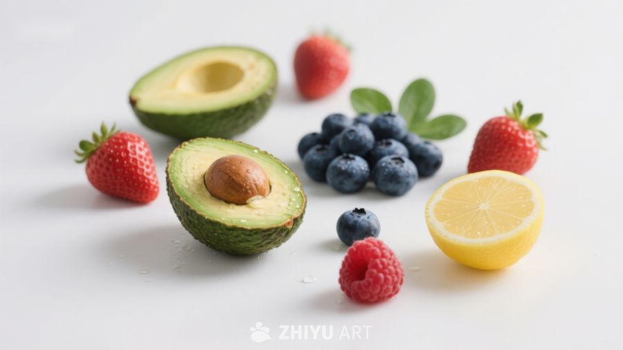 新鲜水果组合：牛油果、蓝莓、草莓与柠檬