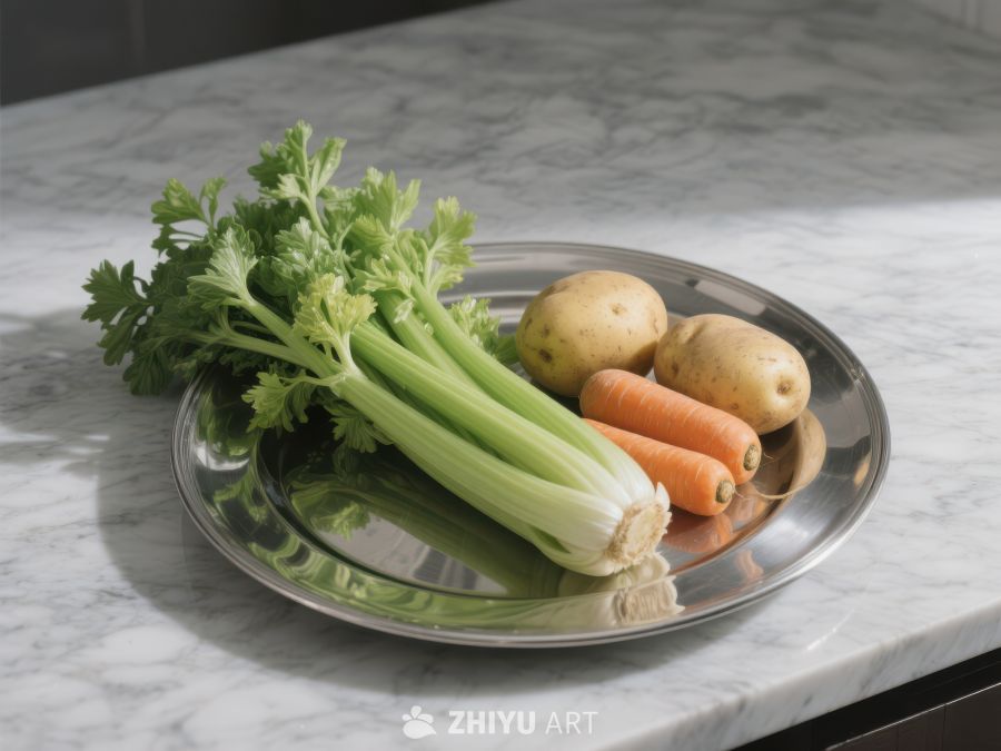 新鲜蔬菜摆放于金属盘中 628
