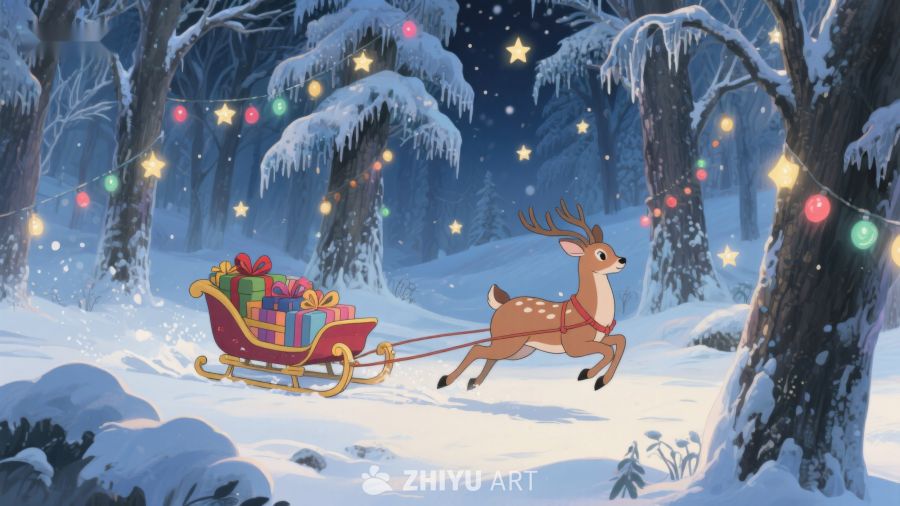 雪夜鹿拉雪橇载礼物 369