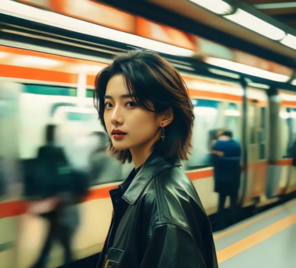 一个穿着黑色皮夹克的年轻女子站在地铁站台上，她看向