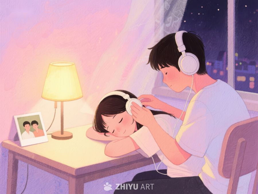温馨夜晚，耳机共享的亲密时光 862