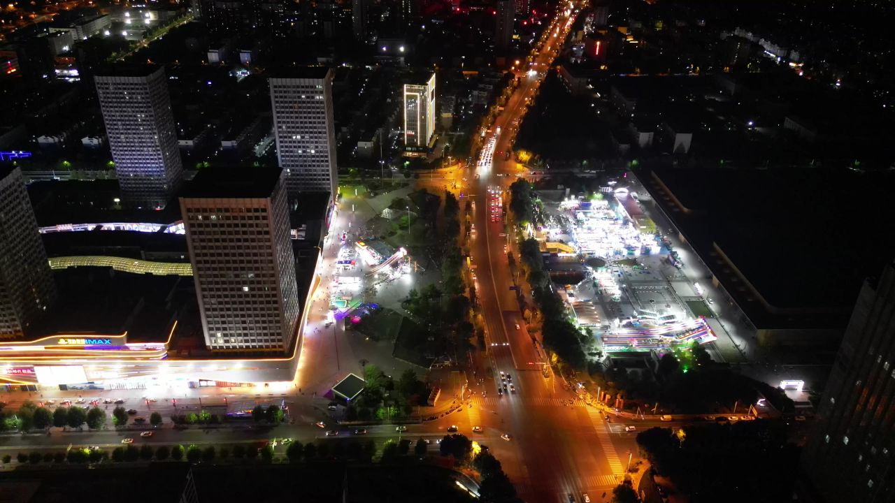  航拍山东泰安万达广场夜景