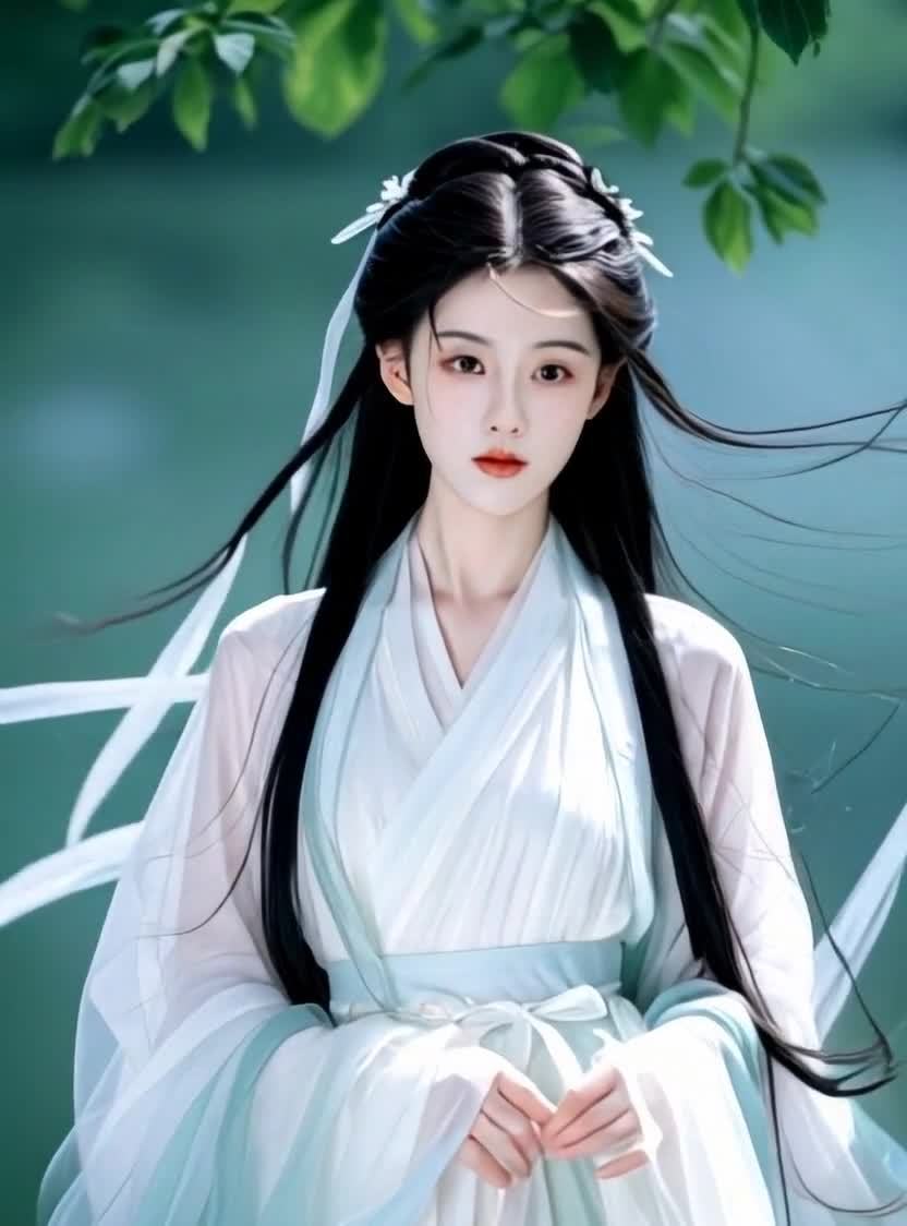 古装女子，长发飘逸，白衣绿边，背景是绿色。