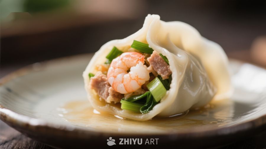 鲜美虾仁饺子，诱人美食特写