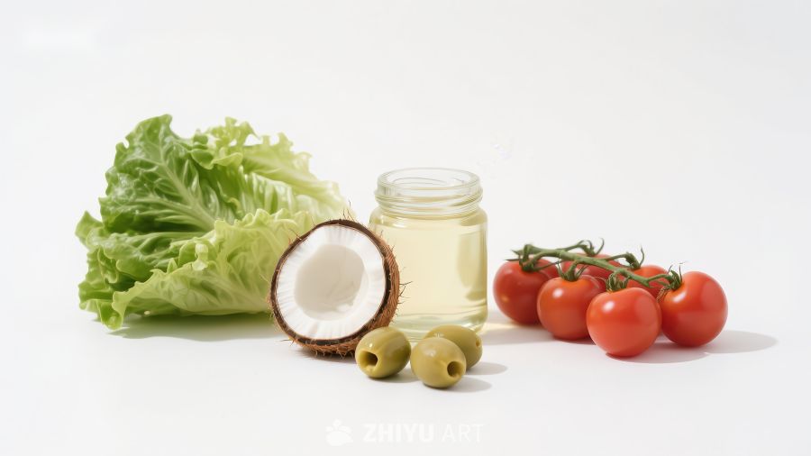 新鲜食材组合：生菜、椰子、橄榄油与樱桃番茄