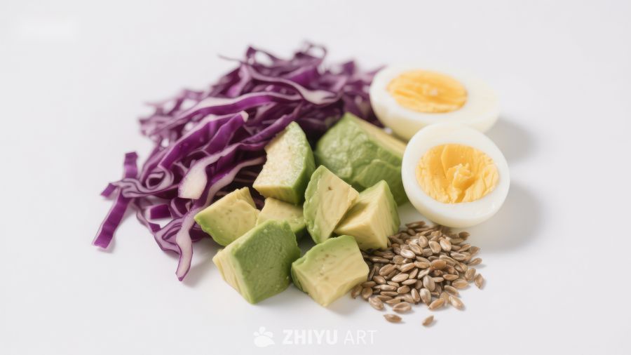 新鲜食材组合：紫甘蓝、牛油果、鸡蛋和葵花籽