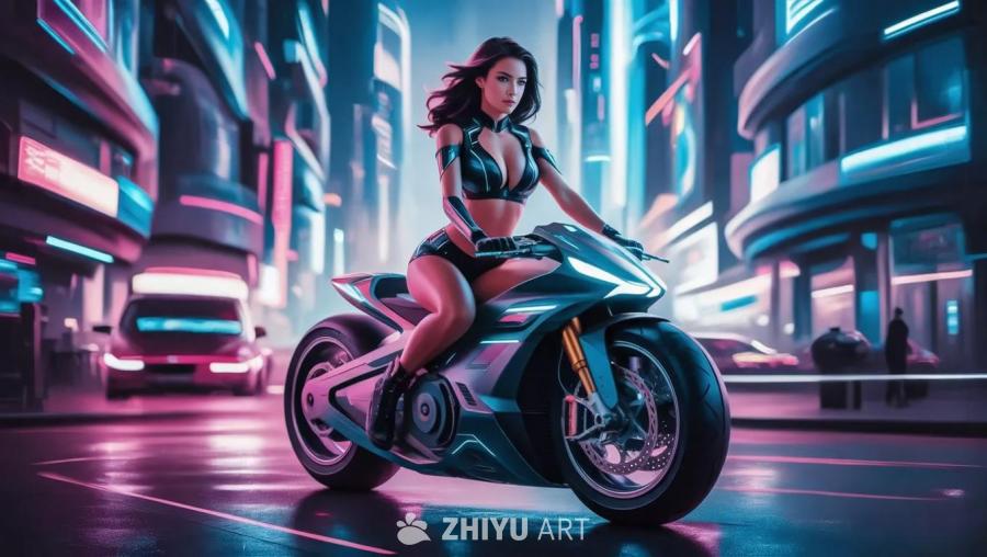 一名女子身穿黑色紧身衣，坐在赛博朋克风格的摩托车上