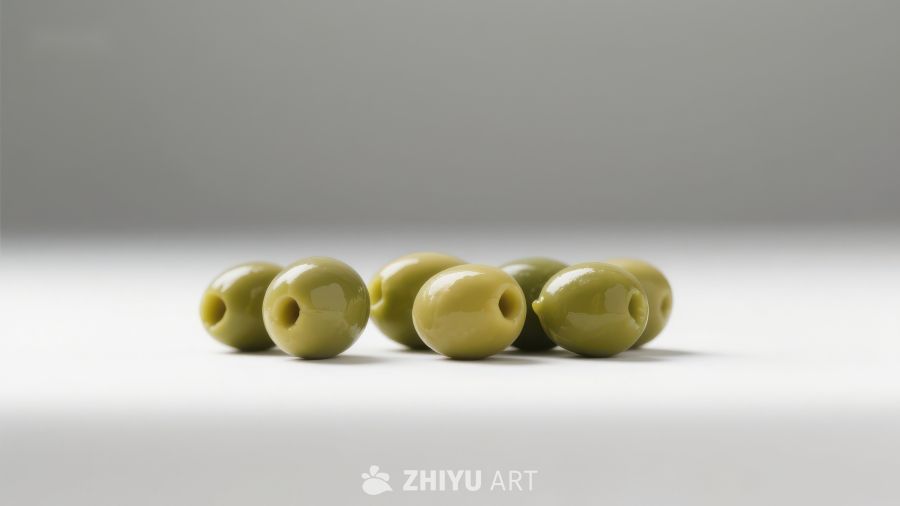 绿色橄榄排列在灰色背景上