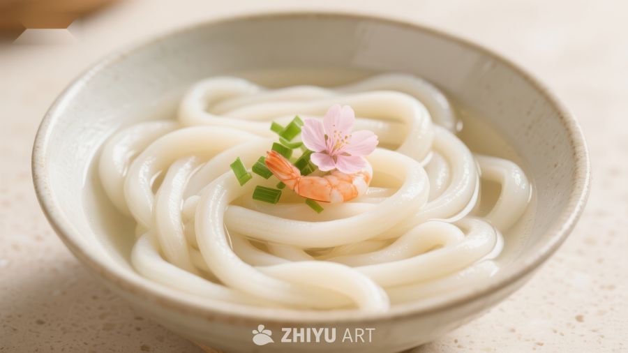 日式乌冬面配樱花虾装饰