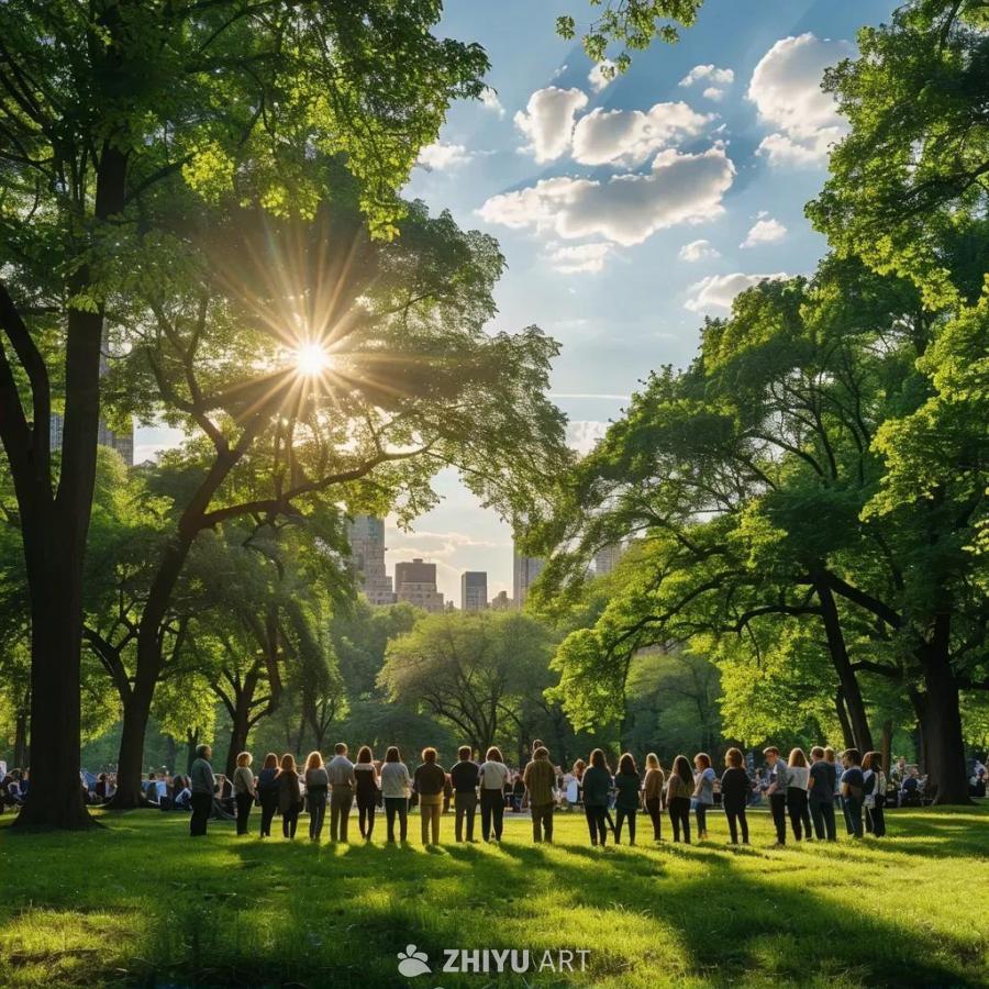 一群人站在一个平静的户外环境中，比如公园或广场，柔