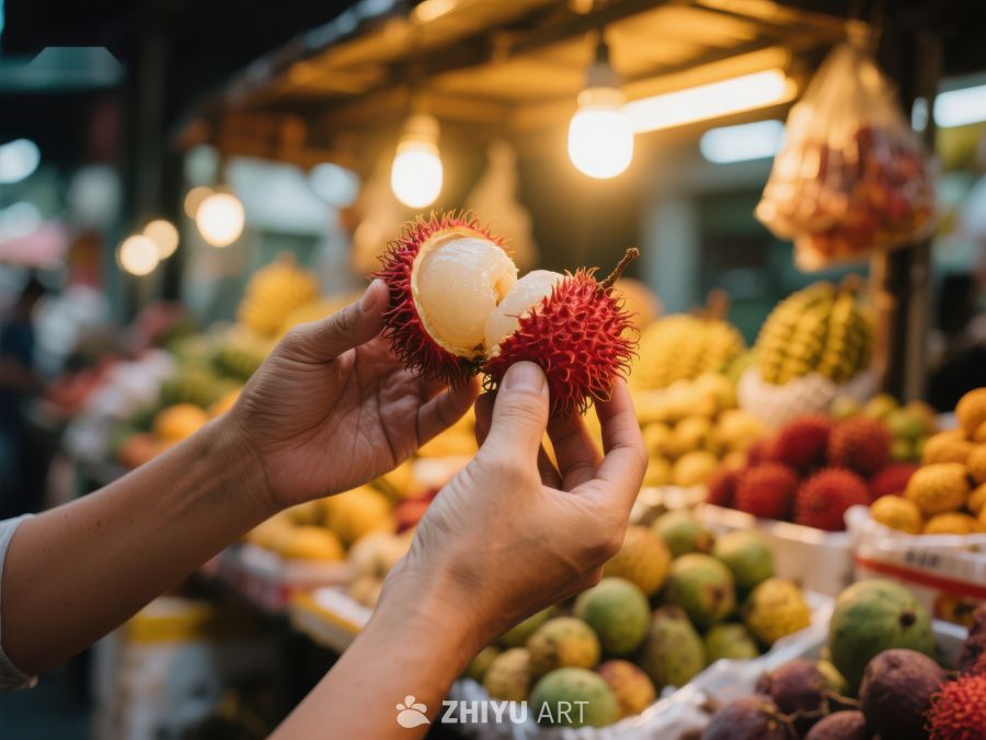 市场摊位前挑选新鲜水果 491