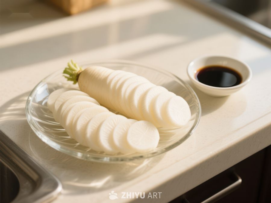 新鲜白萝卜切片与酱油小碟 426