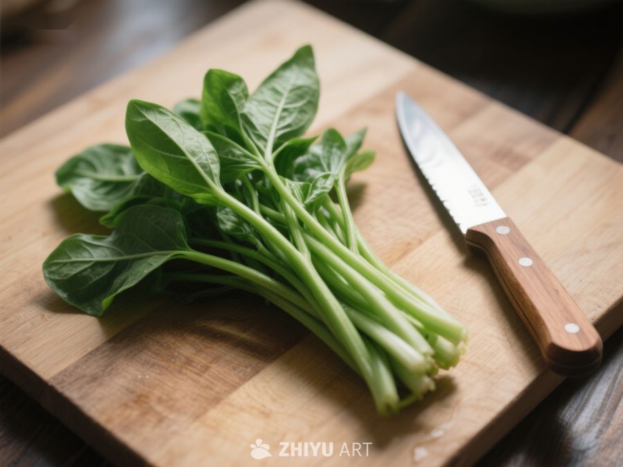 新鲜菠菜与刀具置于砧板上 401