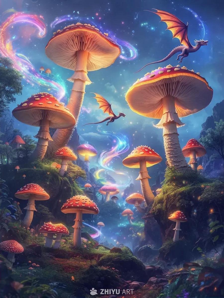 场景中布满了发光的蘑菇，蘑菇帽呈红色并点缀着白色斑