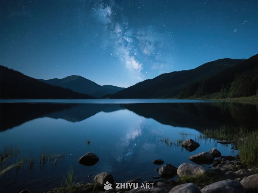 夜空银河映照平静湖面 446