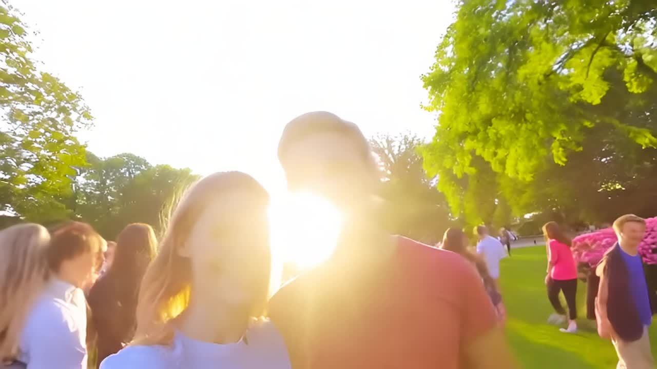 低角度静态镜头：一名女子微笑着站立，邀请她的男友加