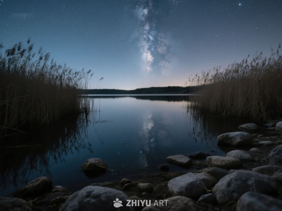 夜空银河倒映湖面静谧景象 419