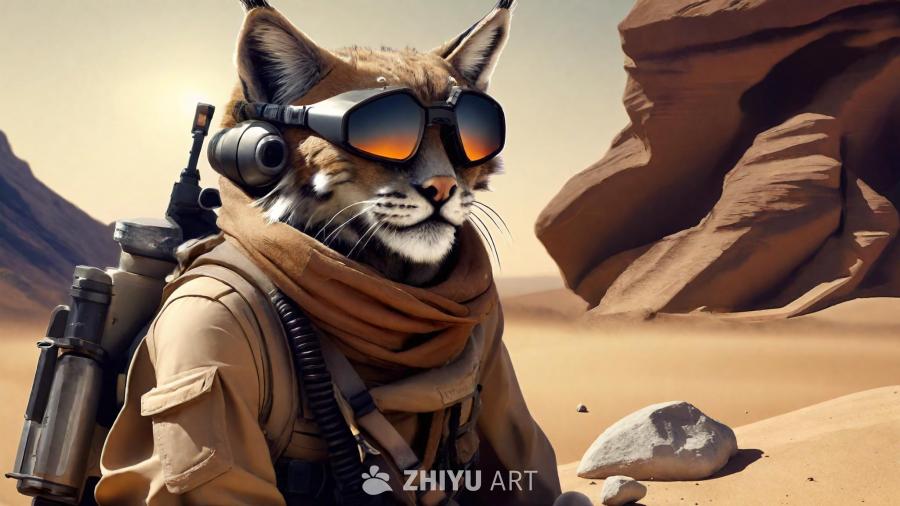 一只类人猞猁沙漠侦察兵躲藏在一块形状奇特的火山岩后