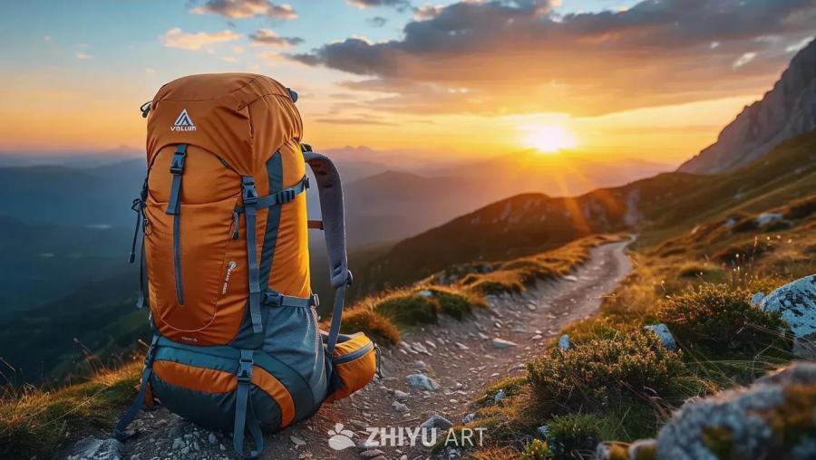 一个橙色和灰色的登山背包放置在崎岖的山路上。背包背