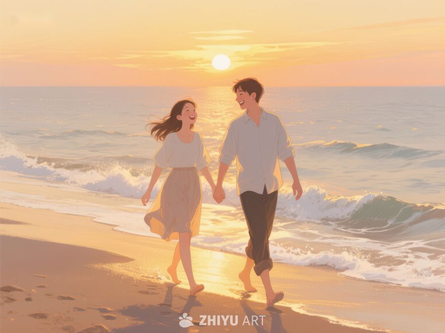 夕阳下海滩漫步的情侣 933