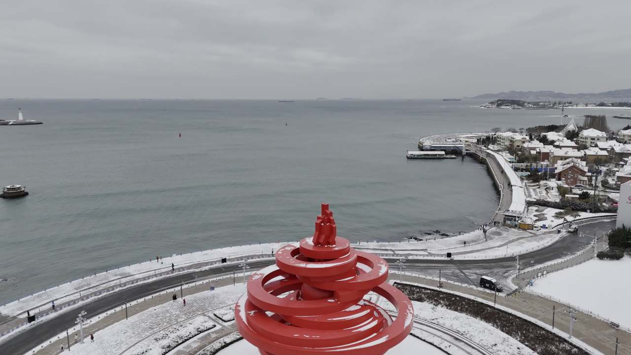 青岛五四广场情人坝海边城市雪景航拍 2