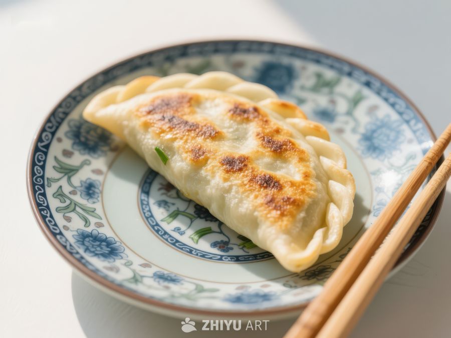 金黄煎饺配蓝花瓷盘 461