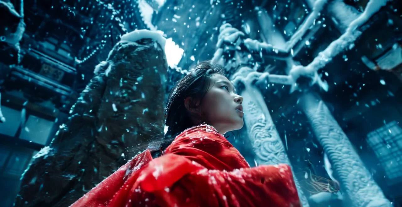 红衣女子雪中观望，古建筑上雪花纷飞。