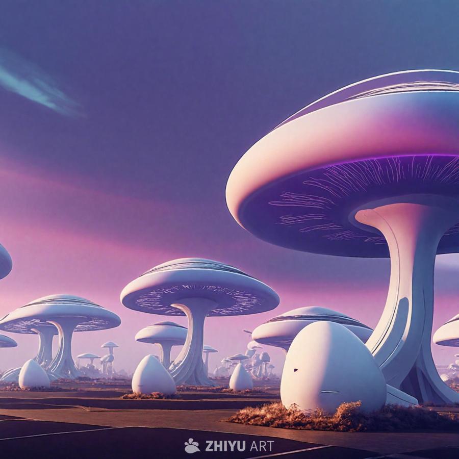 紫色天空下，一系列大型白色未来主义结构或建筑物。这