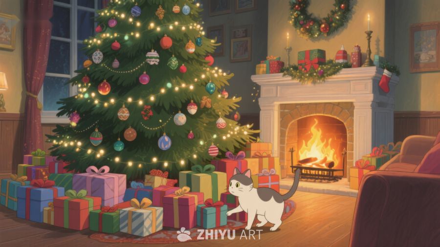 温馨圣诞夜，猫咪探索礼物堆 293