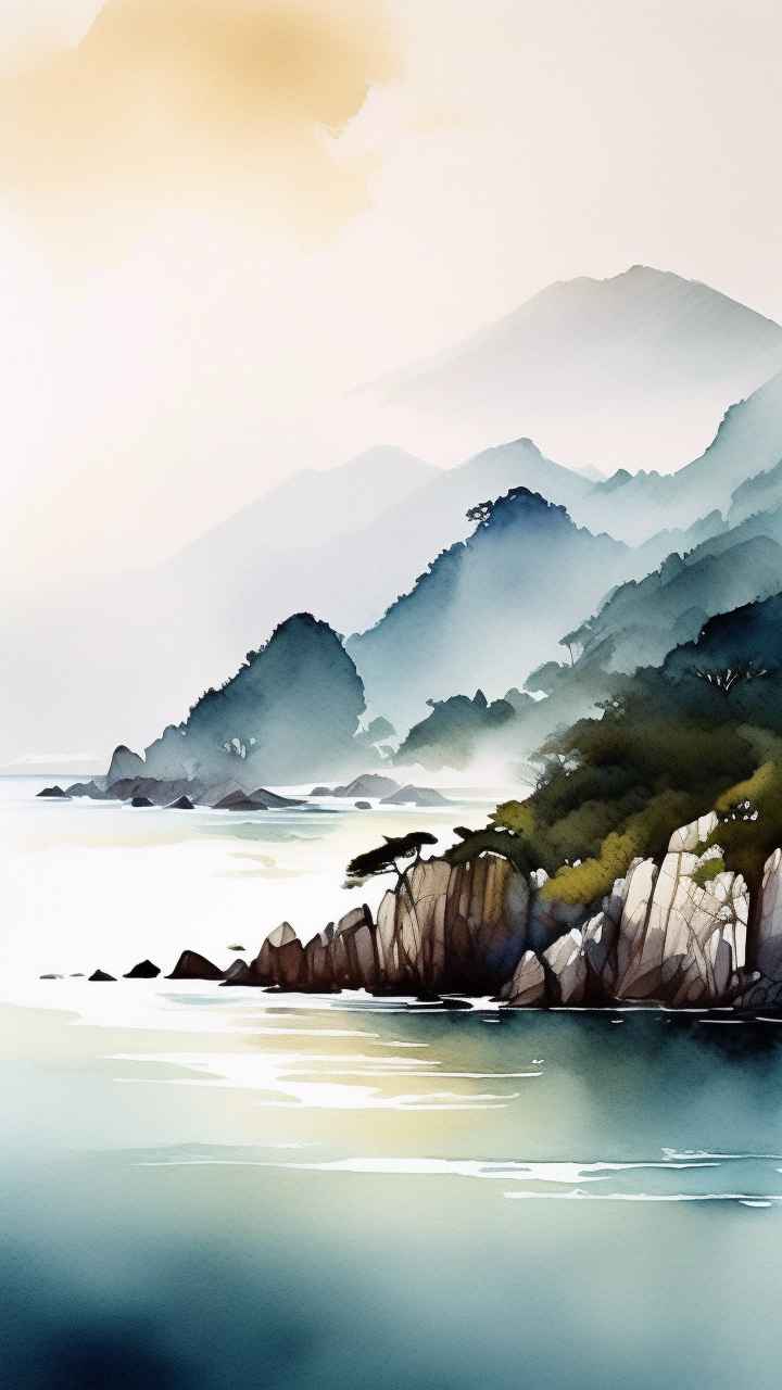 雾气缭绕大海山水画简约风格 21