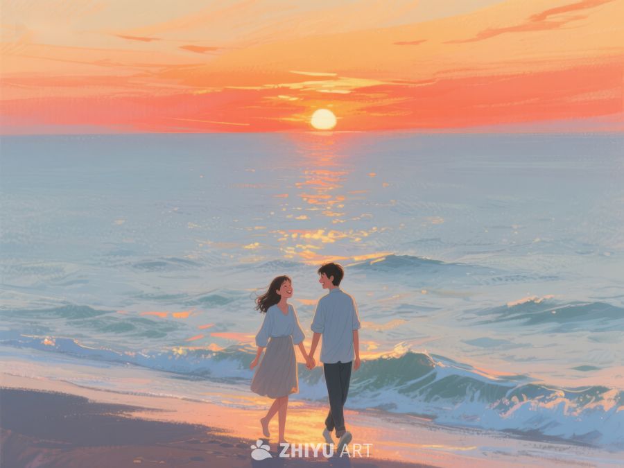 海边日落，两人漫步 253