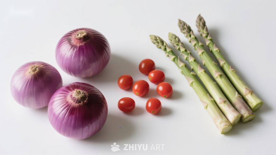 新鲜洋葱、樱桃番茄与芦笋的组合