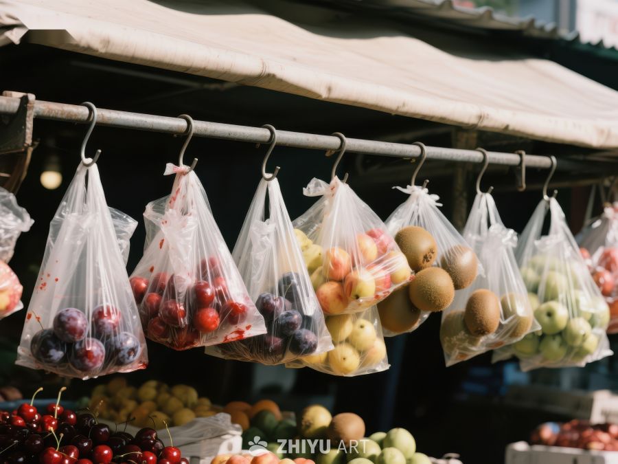 市场摊位上悬挂的袋装水果 528
