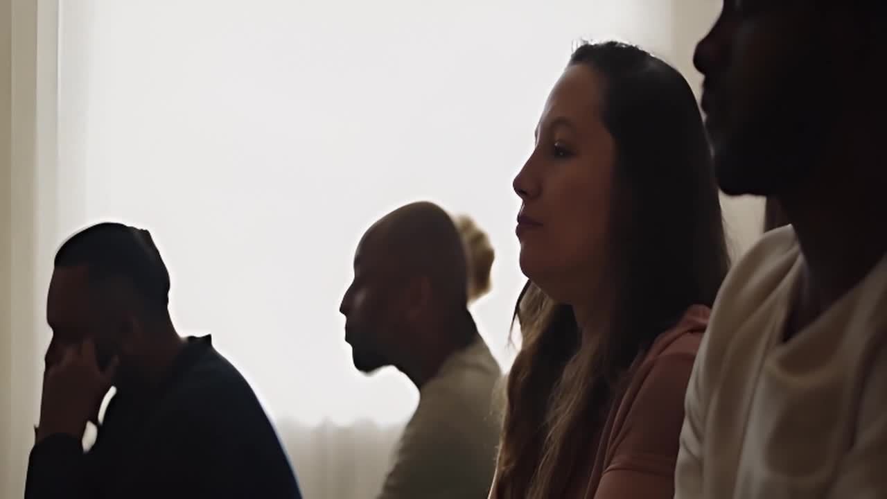 在昏暗的房间里，几个人站着，他们的脸被柔和的光照亮