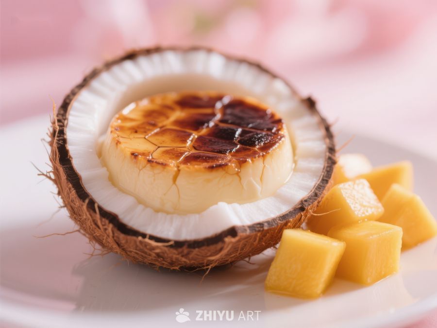 椰壳中的焦糖布丁配芒果块