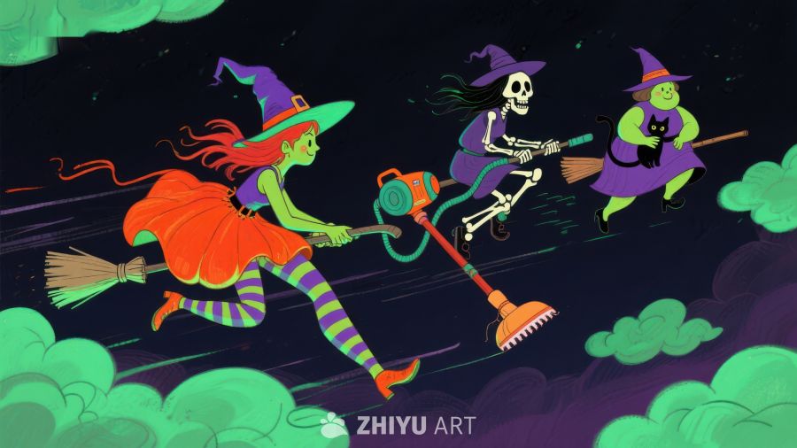 万圣夜飞行：女巫与骷髅的奇幻之旅