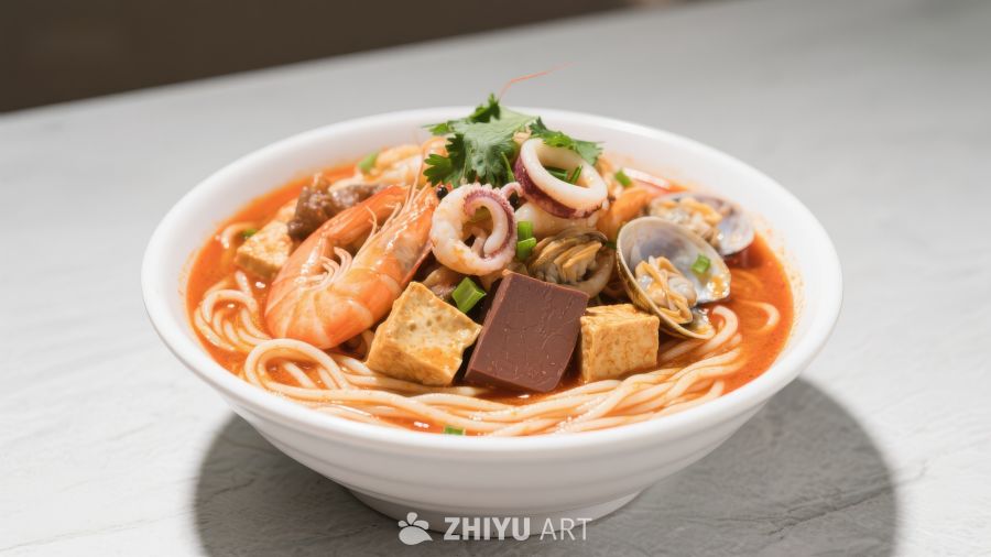 海鲜炒米粉，色彩丰富美味佳肴