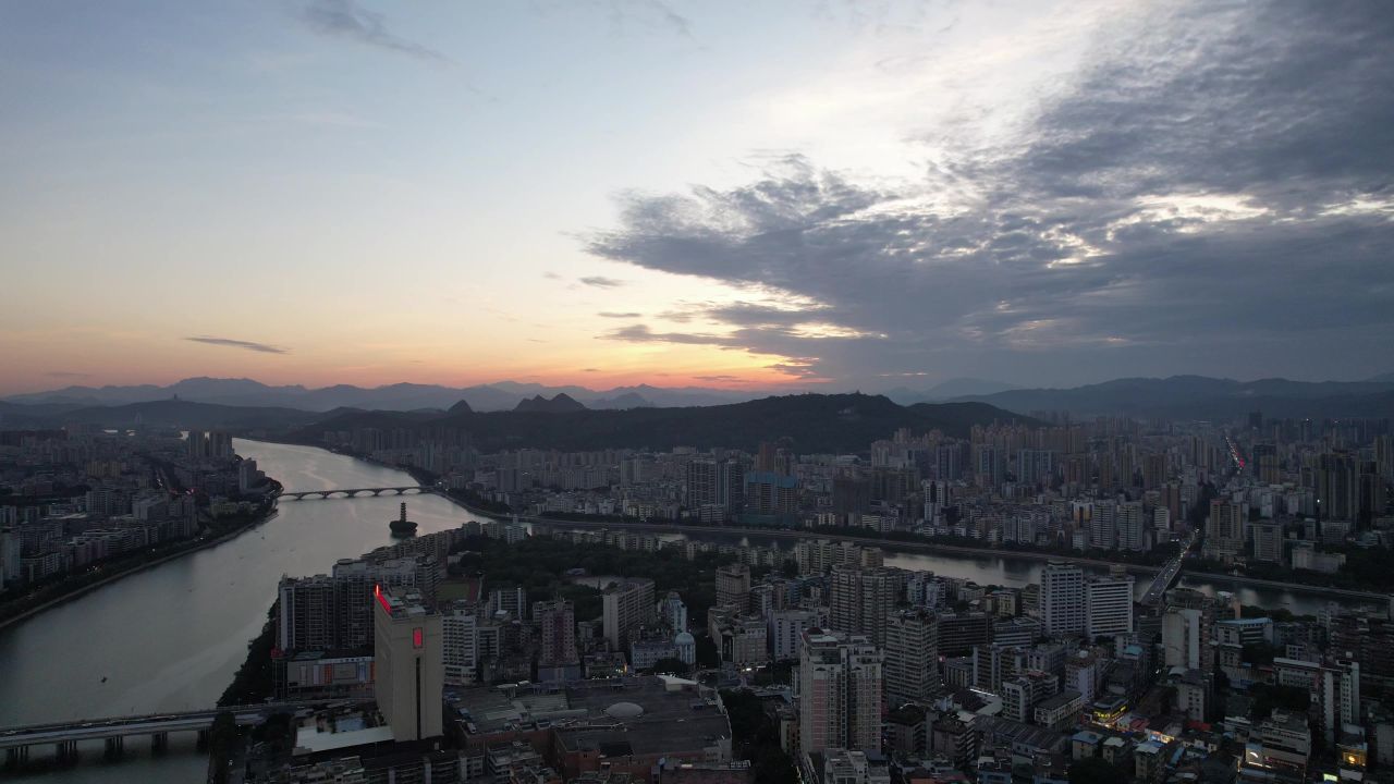 广东韶关城市清晨日出彩霞风景航拍 