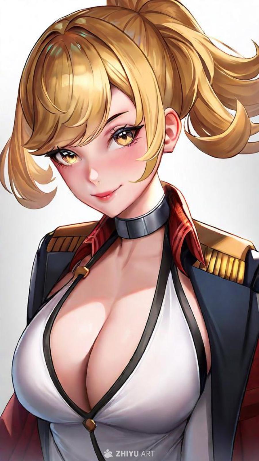 金发女子摆姿势，穿着风格化的服装，全身照。