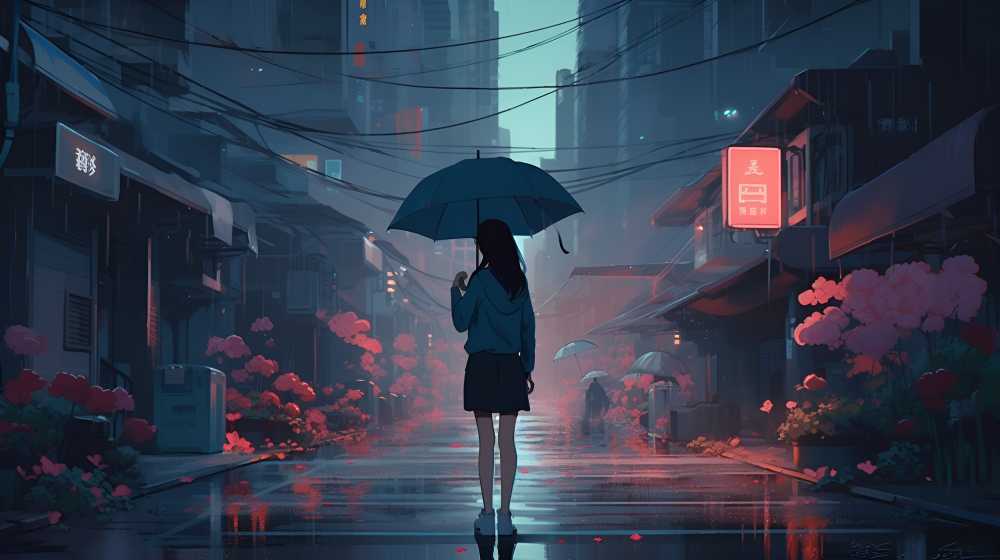 打伞插画女孩伤感的美