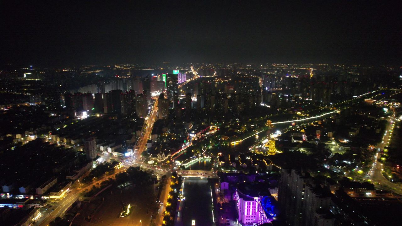 江苏宿迁夜景灯光航拍 