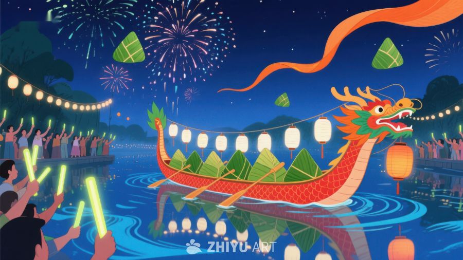 龙舟夜景与烟花庆祝 343