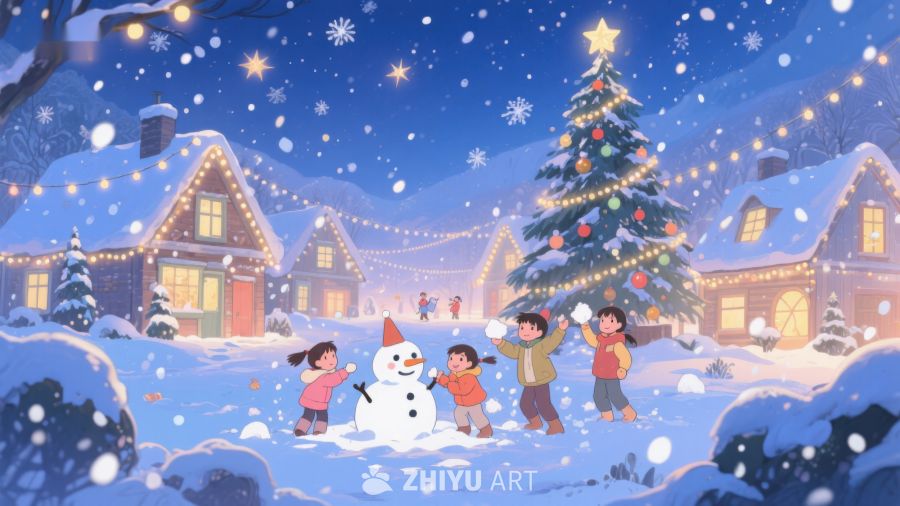 冬夜雪景中孩子们堆雪人 120