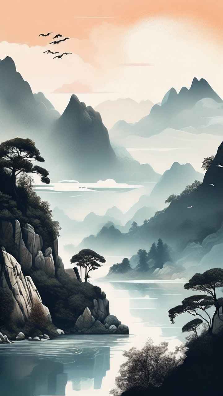 国风水彩画山水风景插画 83