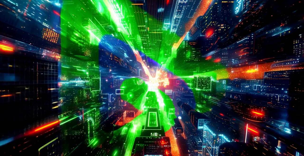 在城市夜晚的灯光背景下，一个绿色的logo标志从俯